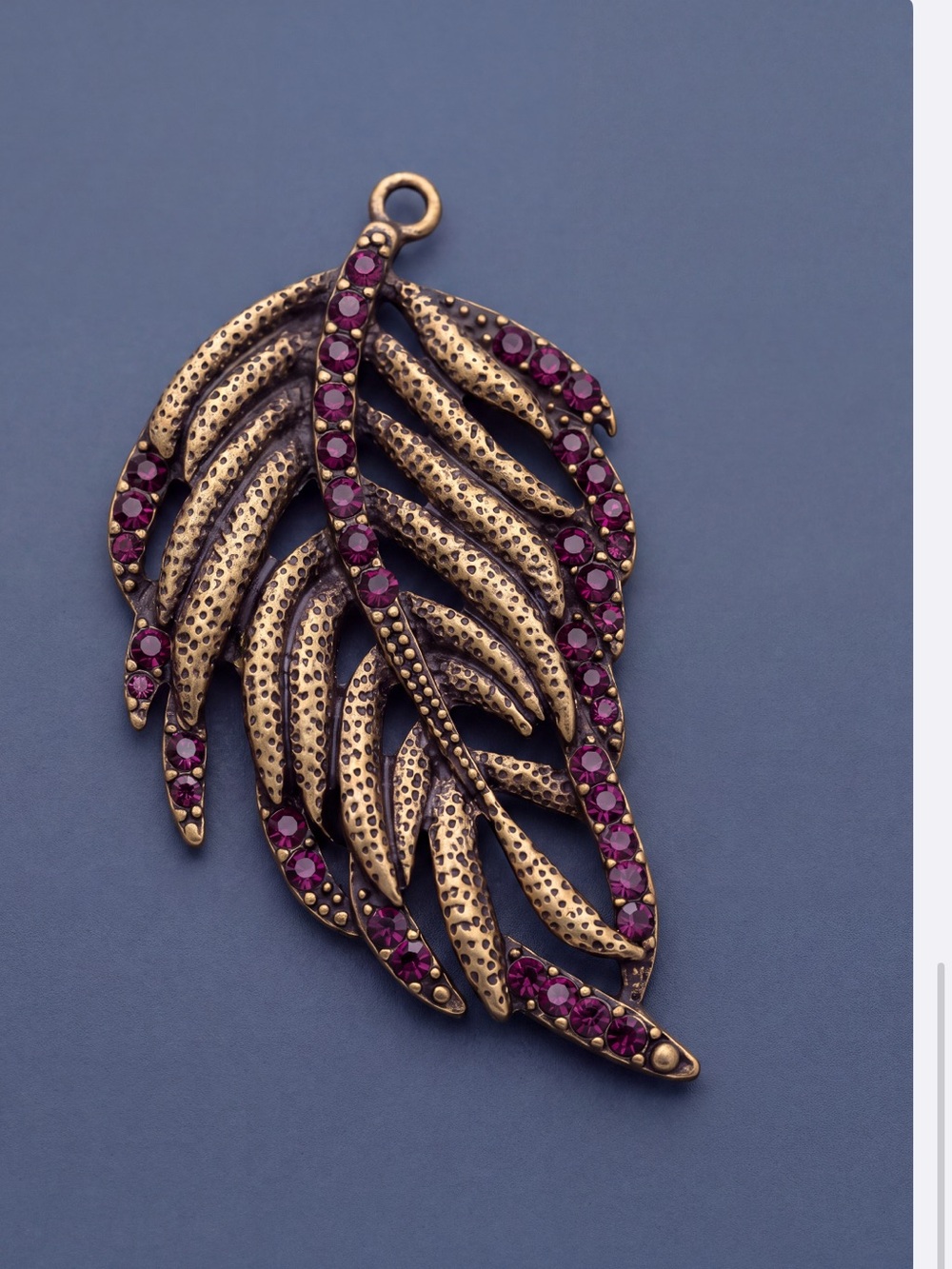 🎁Feather-Leaf Bronze Pendant Necklace• Purple Rhinestones• Art Nouveau-Inspired